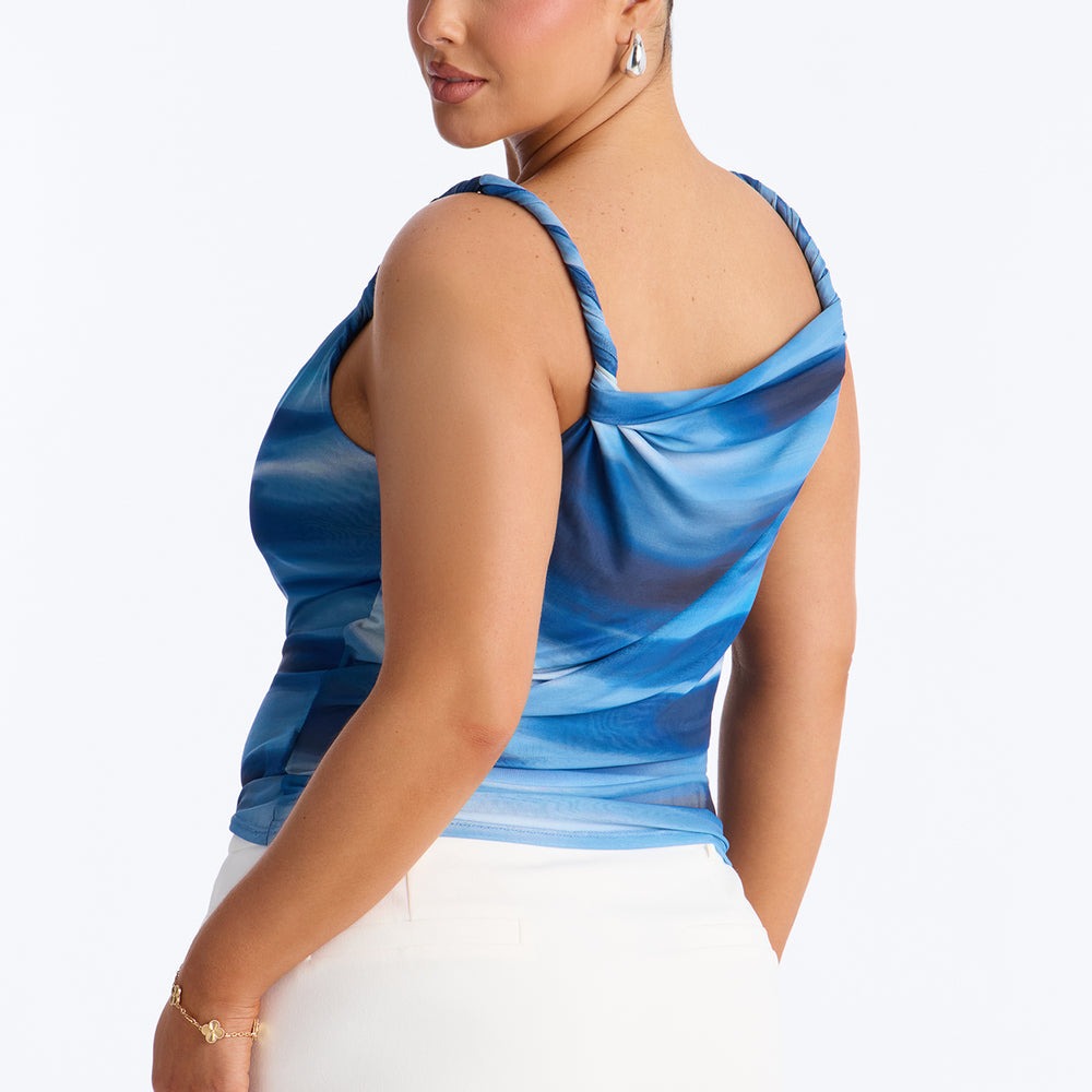 Abstract Dream Mesh Cowl Neck Twist Top