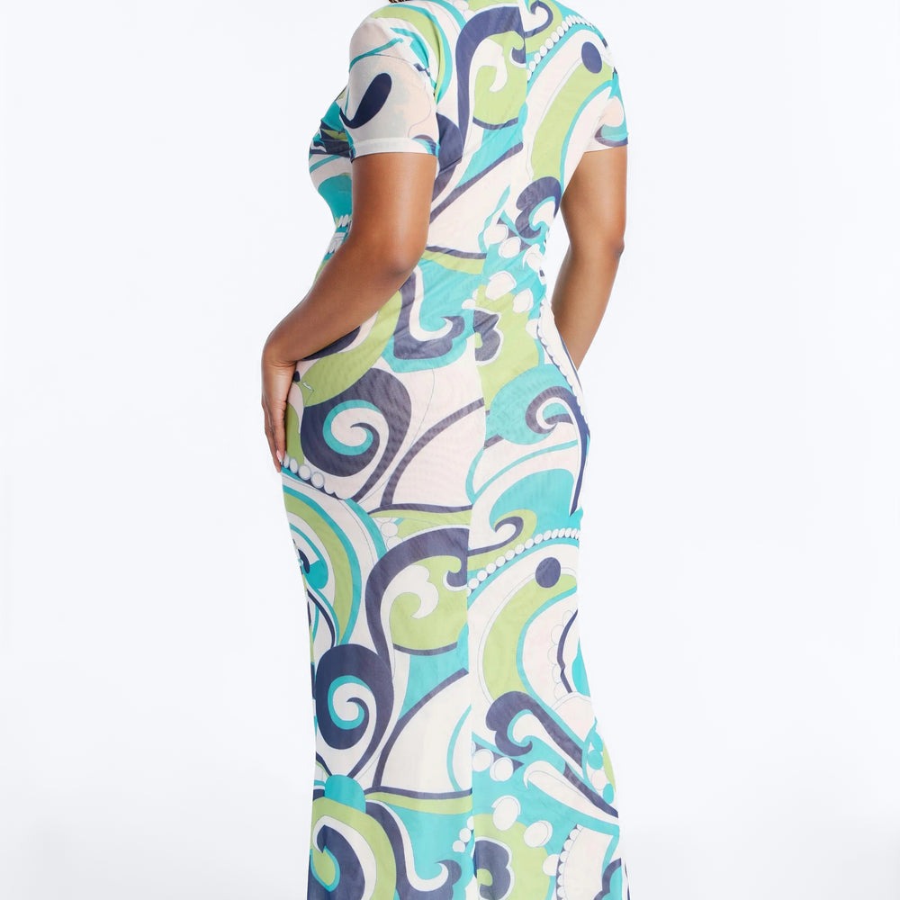 After Sunset Print Mesh Maxi Dress