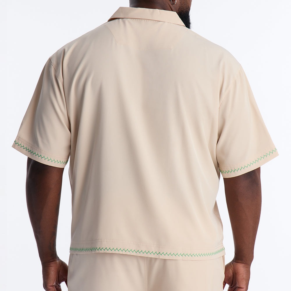 Agave Palm Embroidered Cuban Collar Button Up Shirt
