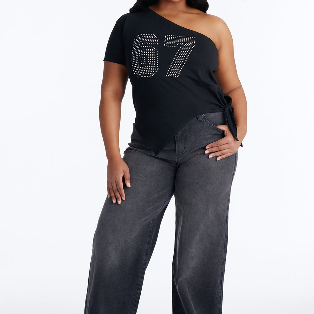 67 Rhinestones One Shoulder Tee