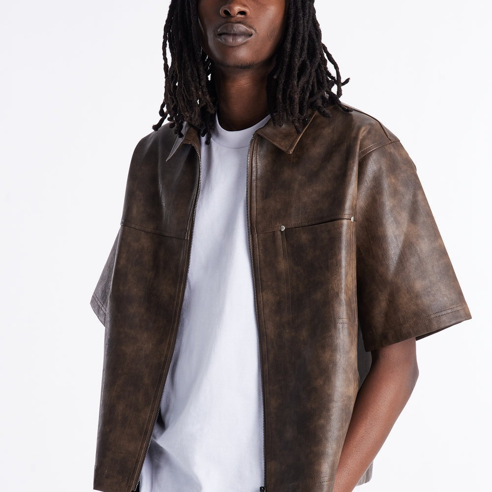 2 Stud Faux Leather Leather Zip Up Shirt