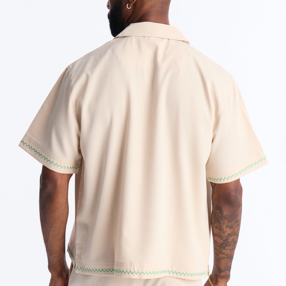 Agave Palm Embroidered Cuban Collar Button Up Shirt