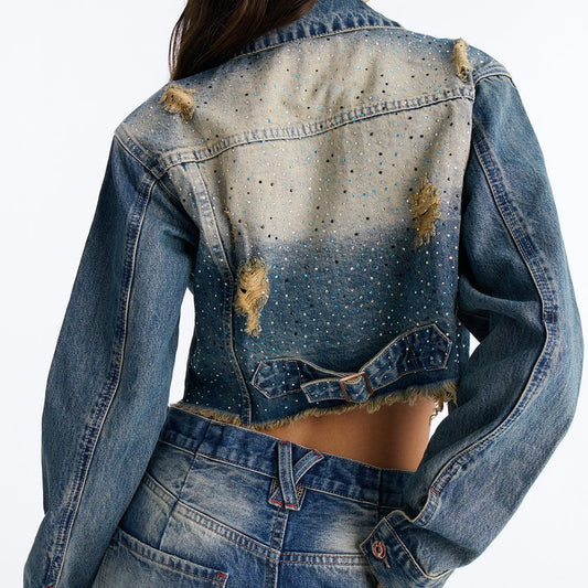 A Little Bossy Embellished Cropped Denim Jacket