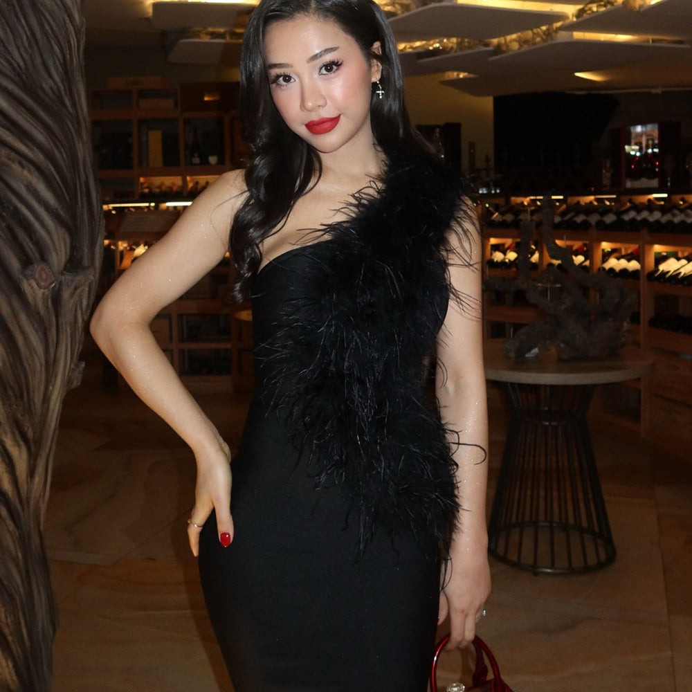 Alexandra Feather Trim Bandage Midi Dress