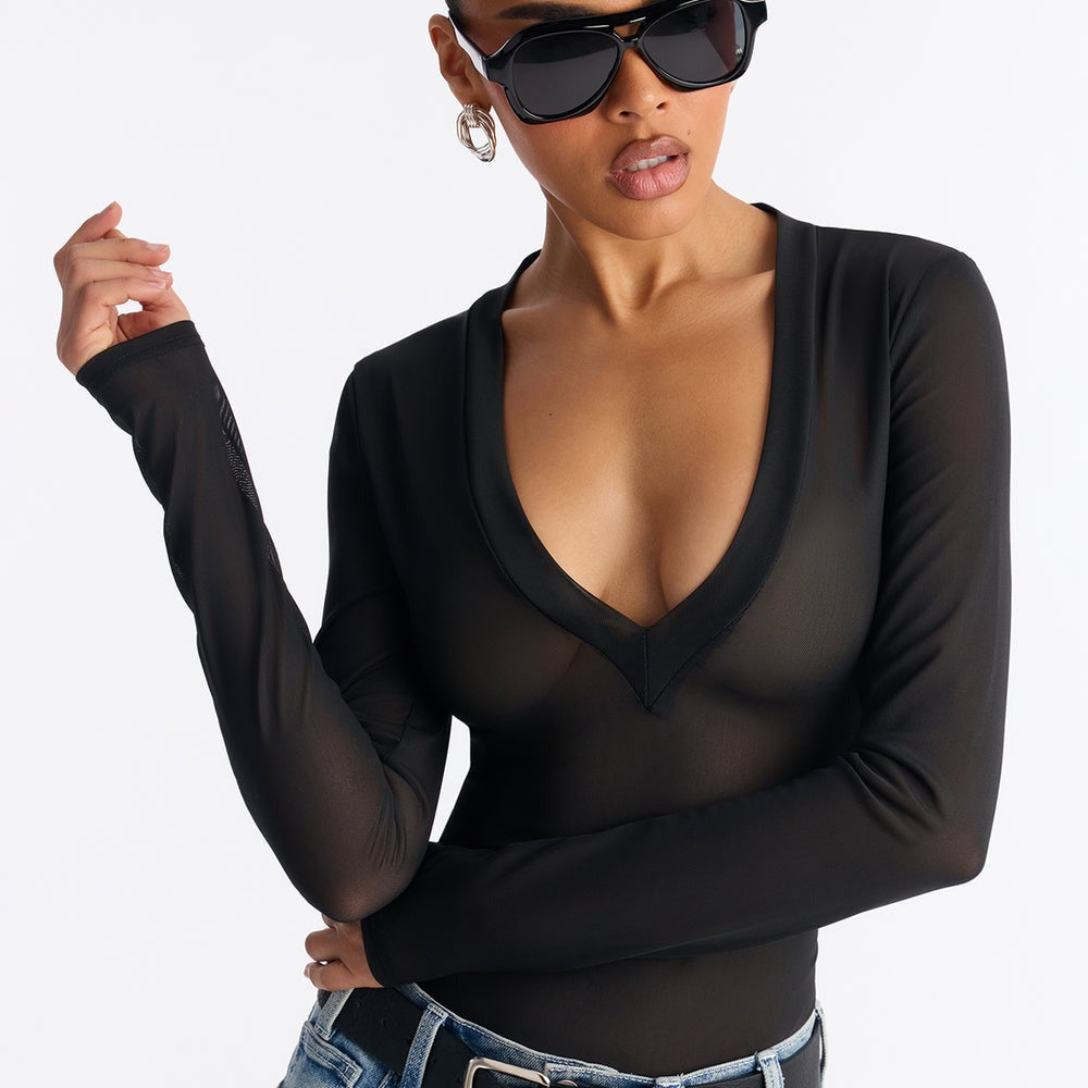 After Dark Mesh V-Neck Long Sleeve Bodysuit