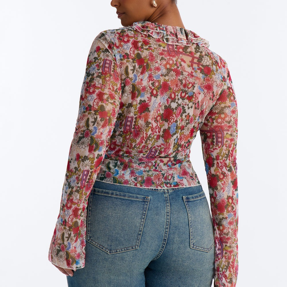 Alexa Ruffle Floral Mesh Long Sleeve Top