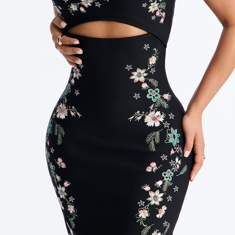 Abella Embroidered Floral Bandage Midi Dress