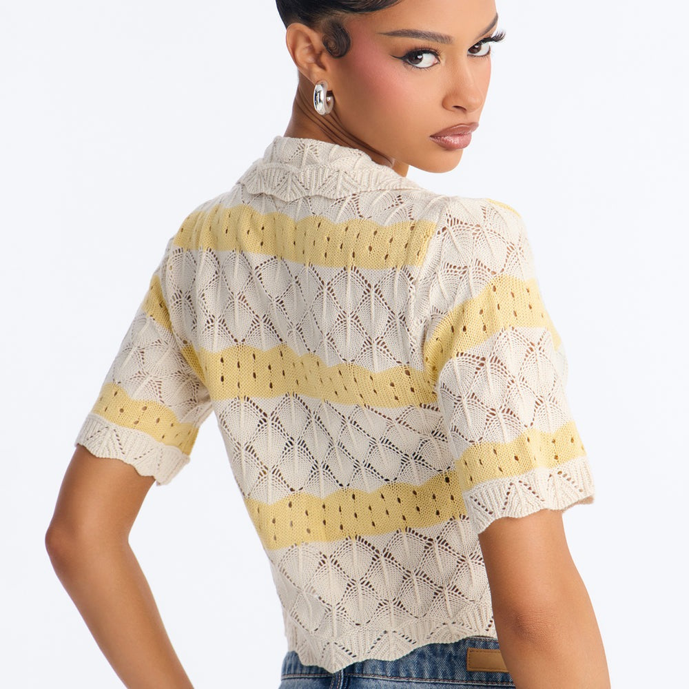 Afternoon Breeze Striped Collared Crochet Top