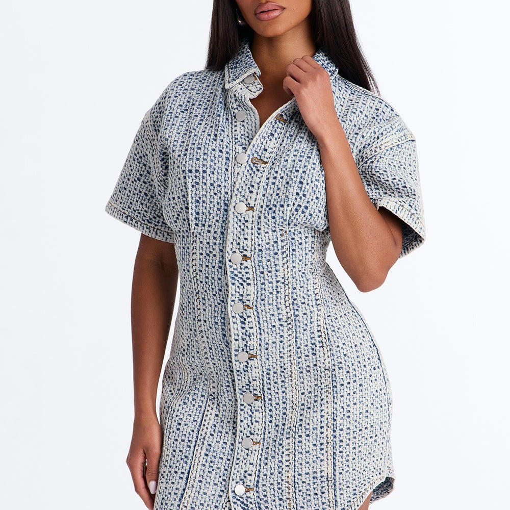 Alessandra Textured Short Sleeve Denim Mini Dress