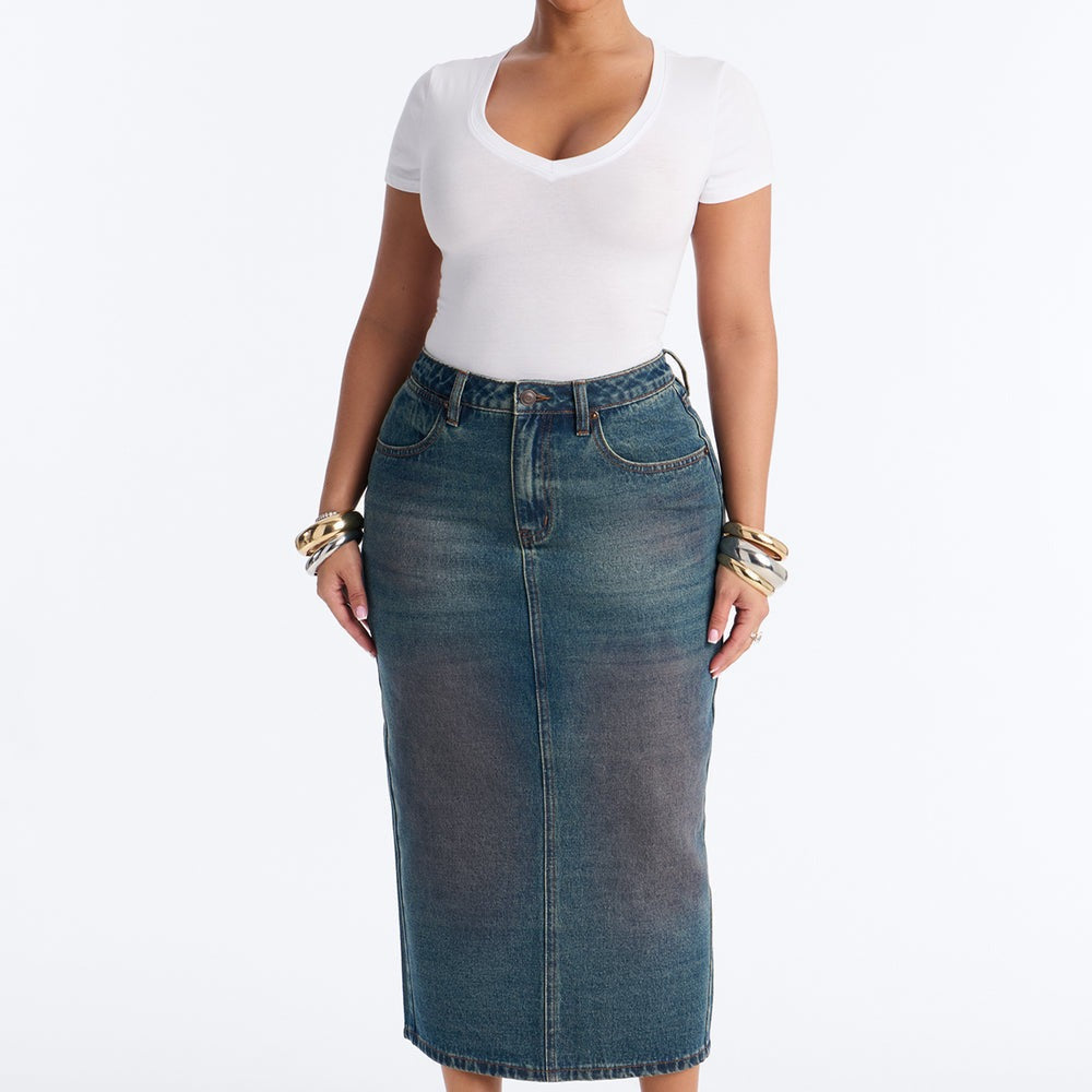 Adri Pink Tinted High Slit Denim Maxi Skirt