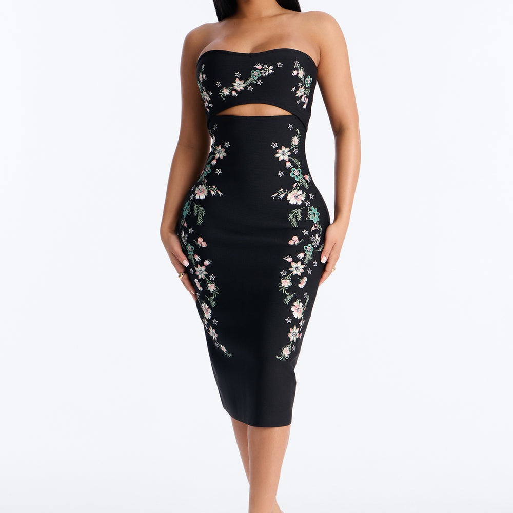 Abella Embroidered Floral Bandage Midi Dress