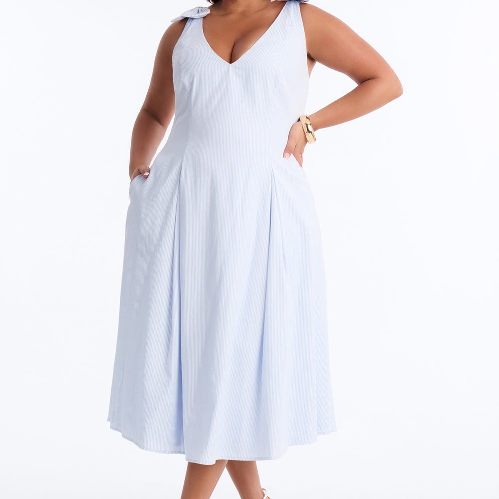 Adele Bow Pinstripe Midi Dress