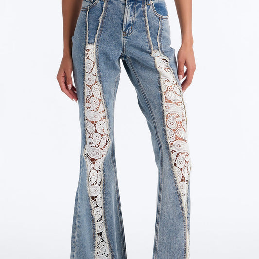 A Wild One Crochet Inset Stretch Flare Leg Jeans