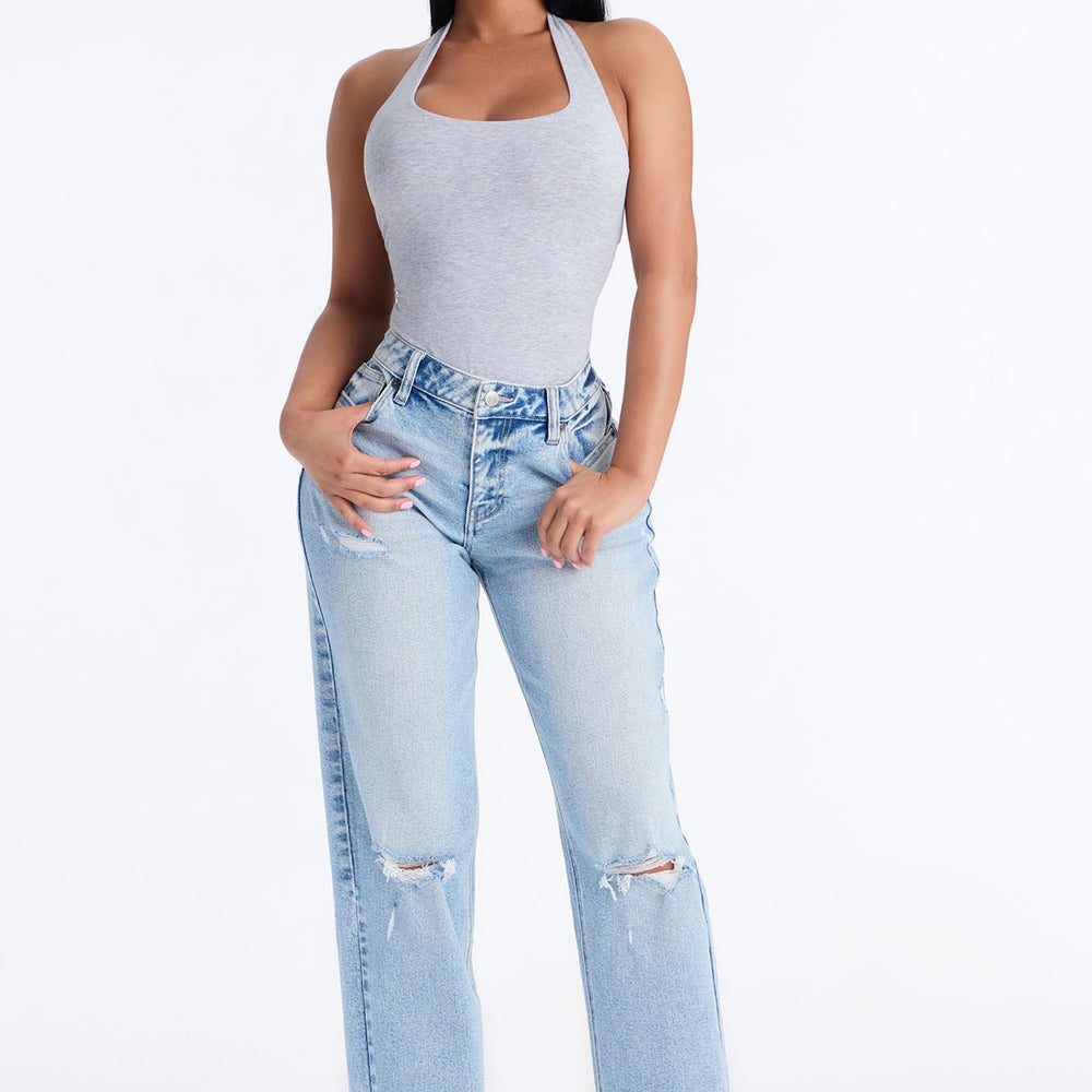 90s Classic Mid Rise Ripped Stretch Straight Leg Jeans