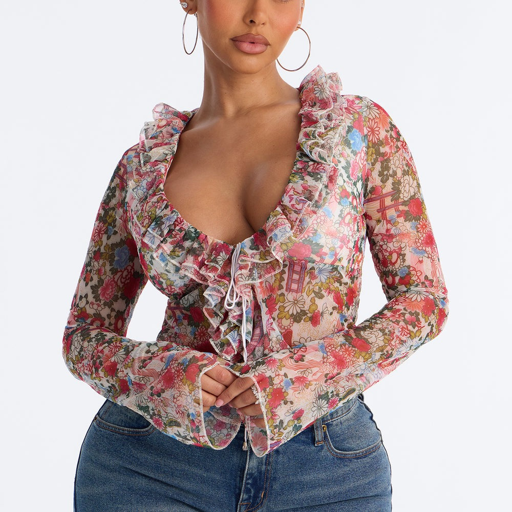 Alexa Ruffle Floral Mesh Long Sleeve Top