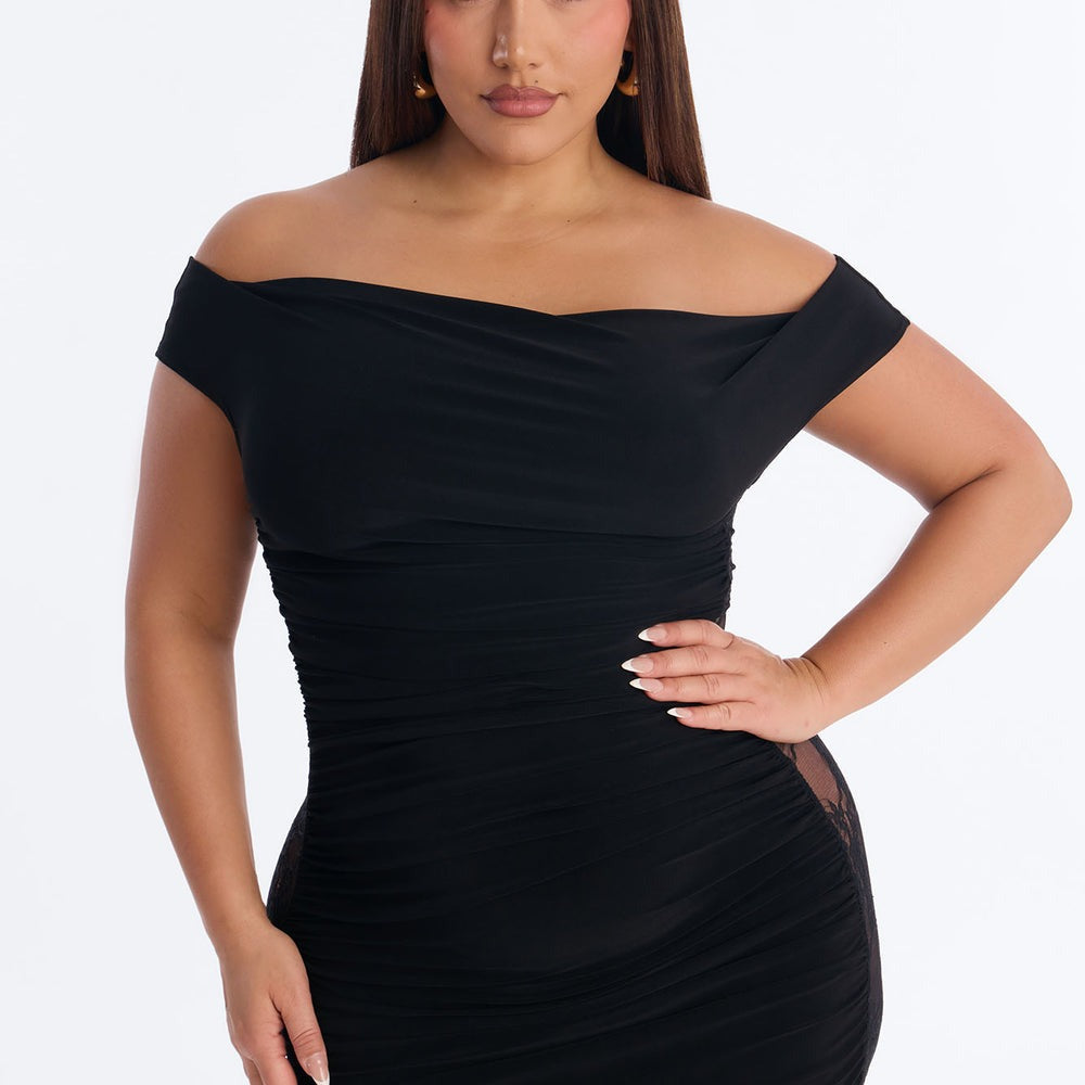 Adah Ruched Lace Maxi Dress