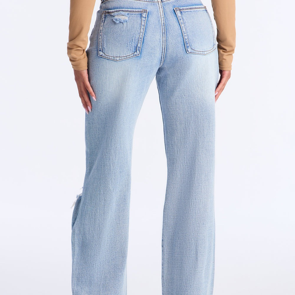 A Secret High Rise Ripped Stretch Straight Leg Jeans