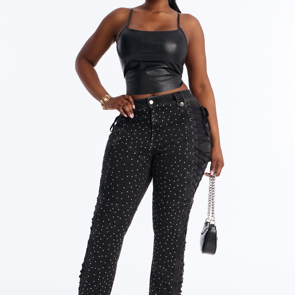 After Hours Rhinestone Lace Up Flare Pant