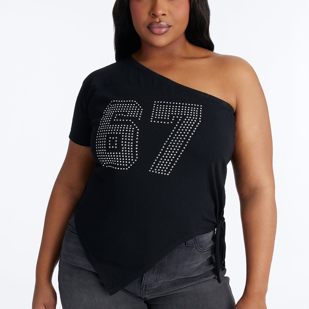 67 Rhinestones One Shoulder Tee