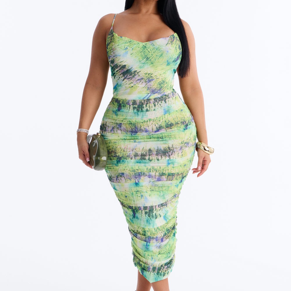 Adelina Ruched Mesh Midi Dress
