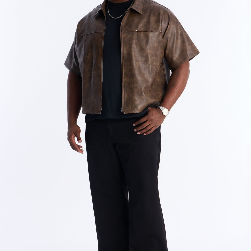 2 Stud Faux Leather Leather Zip Up Shirt