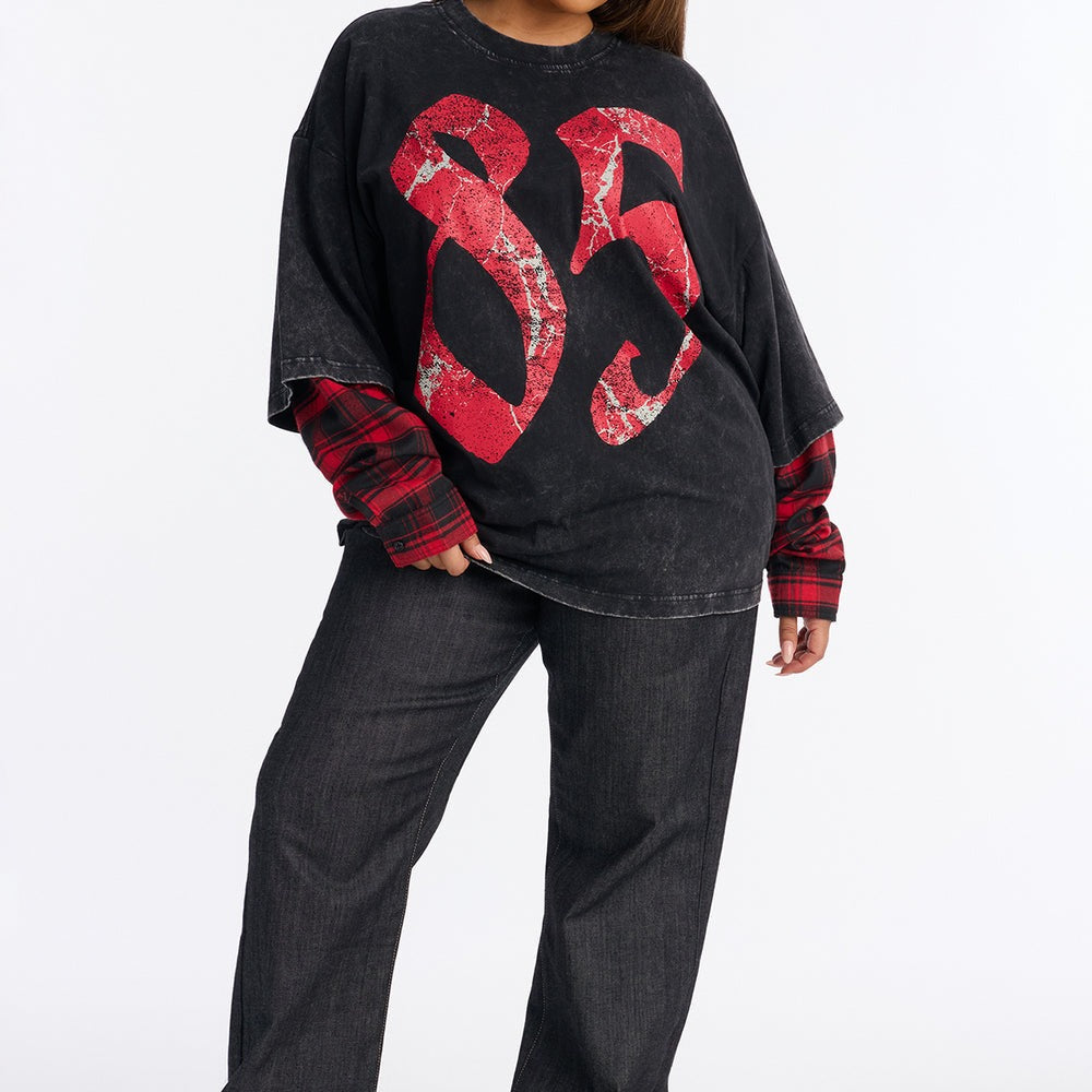 After Party 85 Plaid Crew Neck Twofer Tshirt