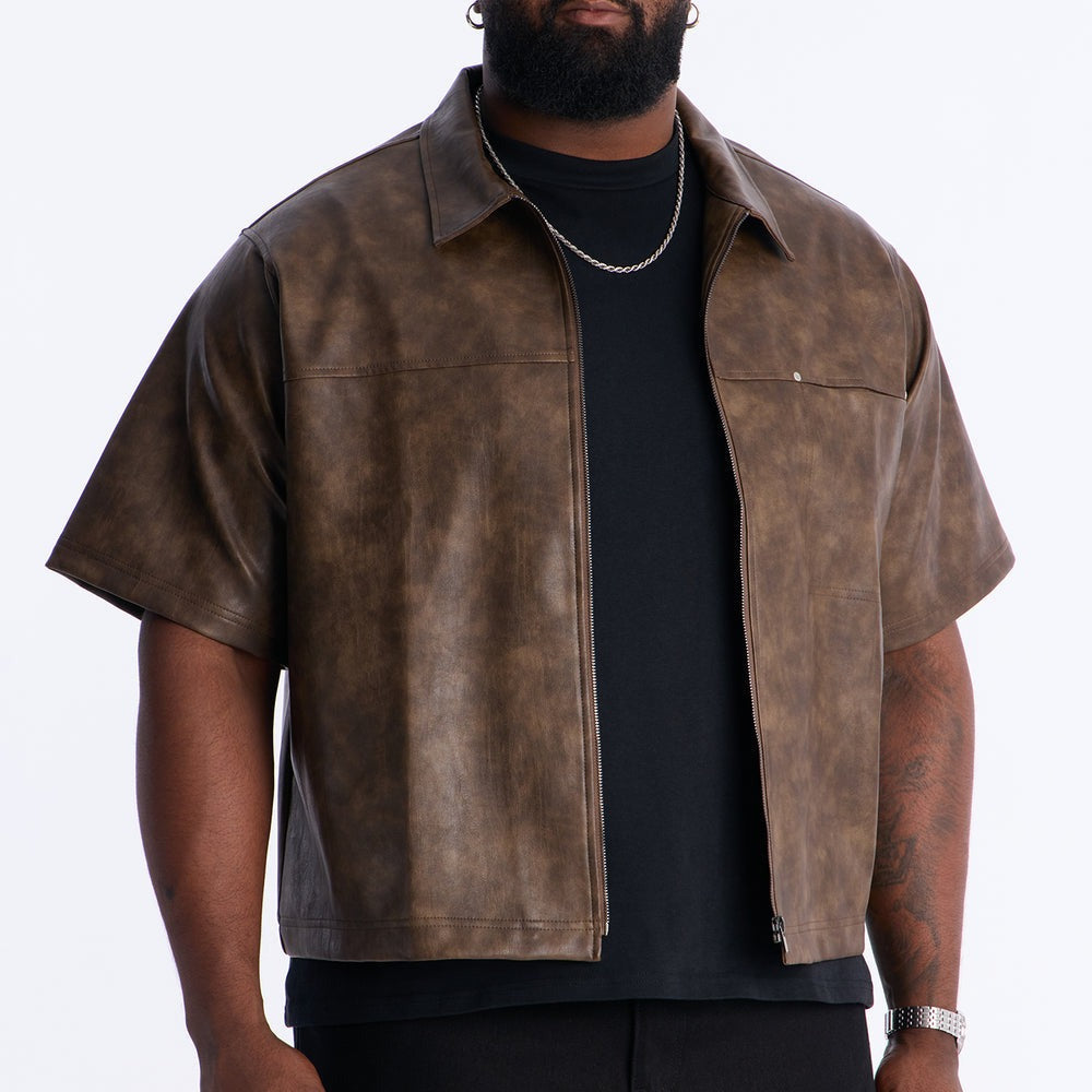 2 Stud Faux Leather Leather Zip Up Shirt