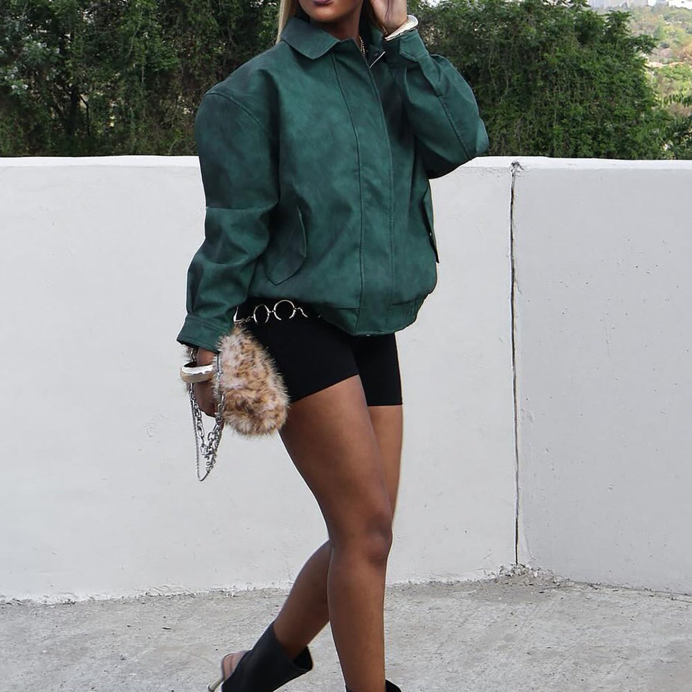 Alexis Washed Faux Leather Bomber Jacket