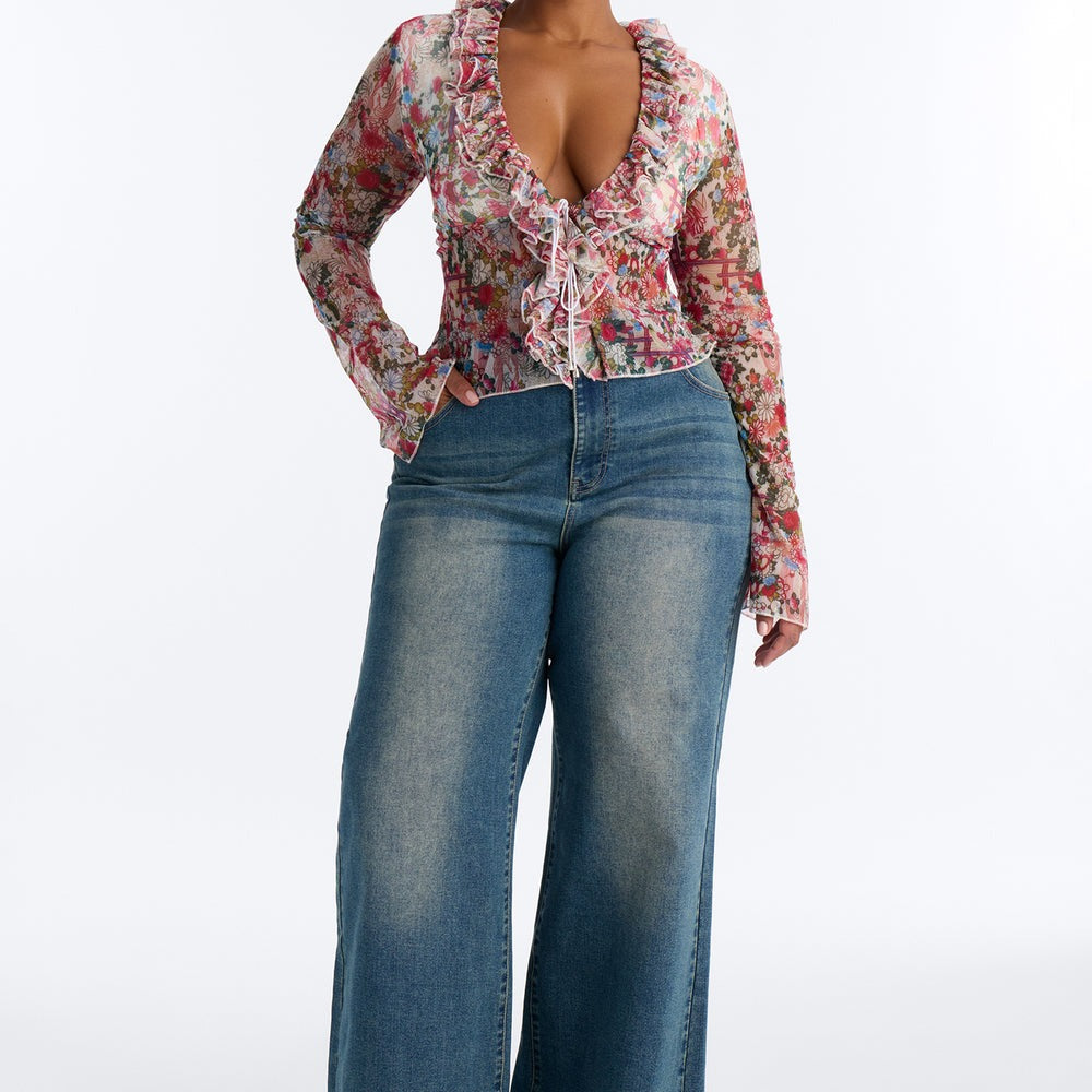 Alexa Ruffle Floral Mesh Long Sleeve Top