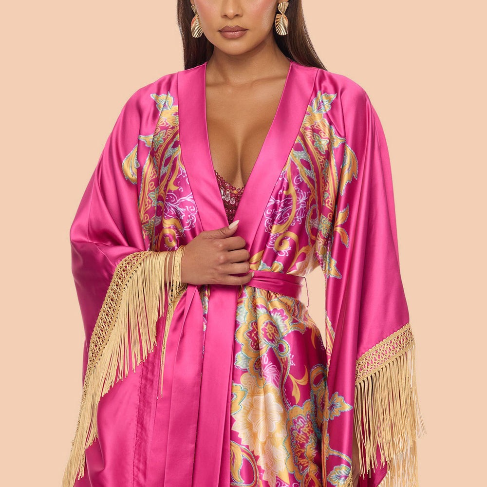 Addison Fringe Satin Kimono
