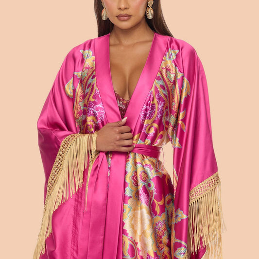 Addison Fringe Satin Kimono