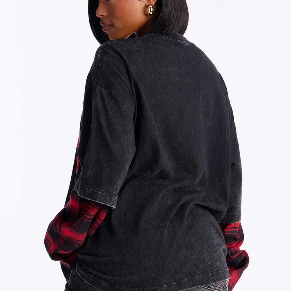 After Party 85 Plaid Crew Neck Twofer Tshirt