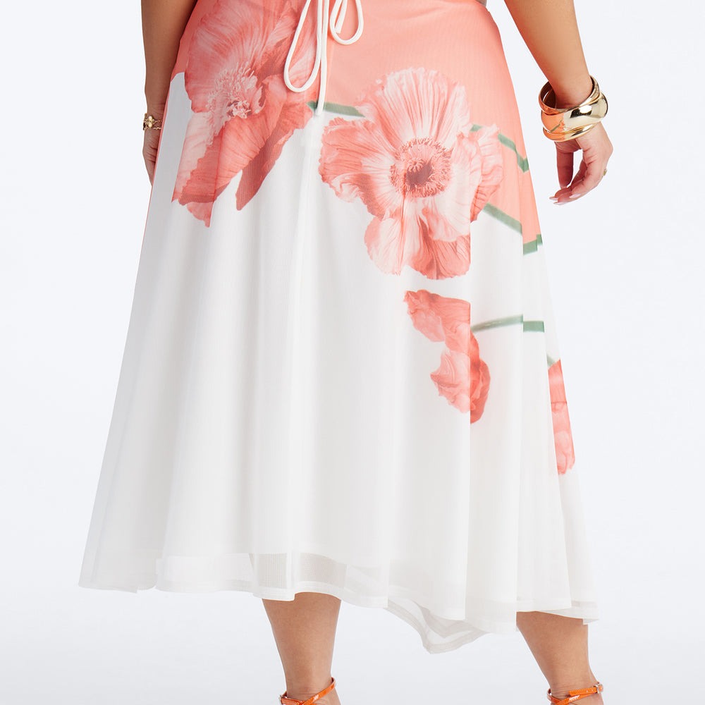Aelia Floral Asymmetrical Mesh Midi Skirt