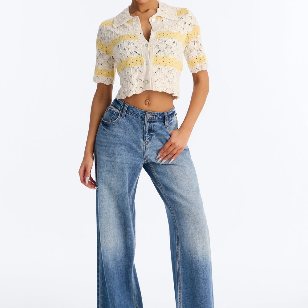 Afternoon Breeze Striped Collared Crochet Top