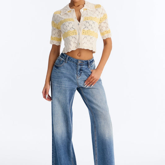 Afternoon Breeze Striped Collared Crochet Top