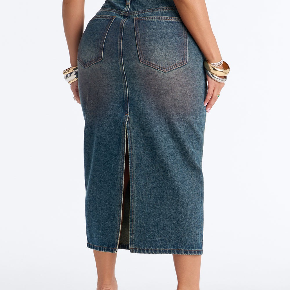 Adri Pink Tinted High Slit Denim Maxi Skirt