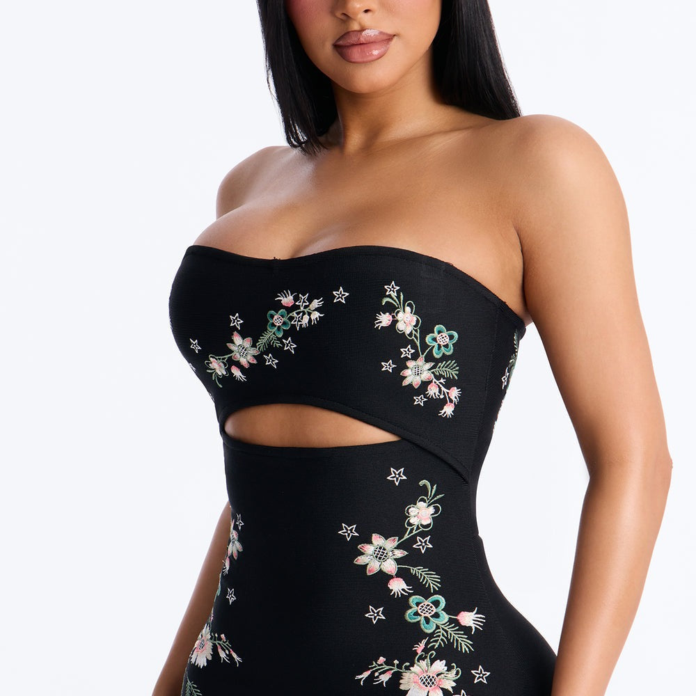 Abella Embroidered Floral Bandage Midi Dress