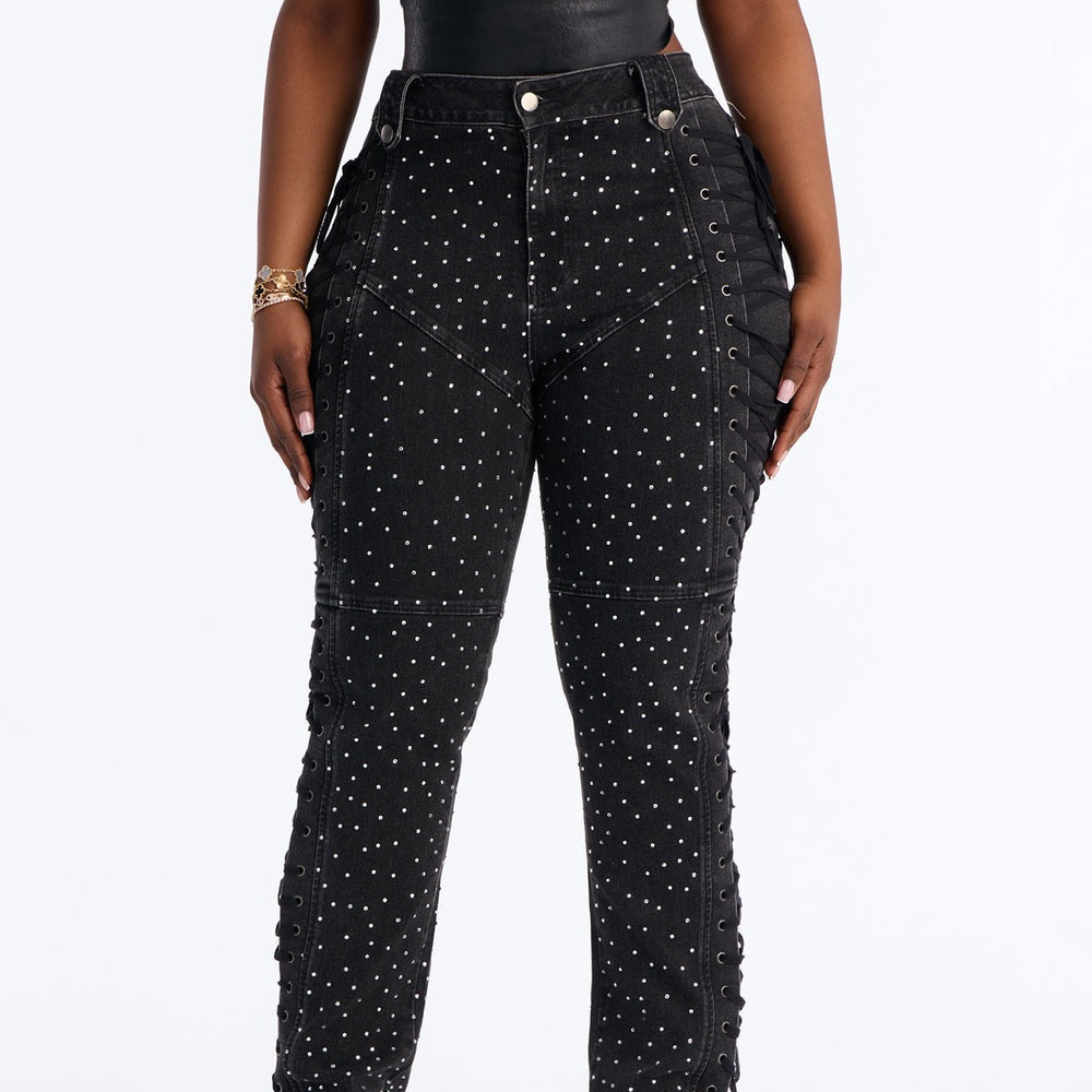 After Hours Rhinestone Lace Up Flare Pant