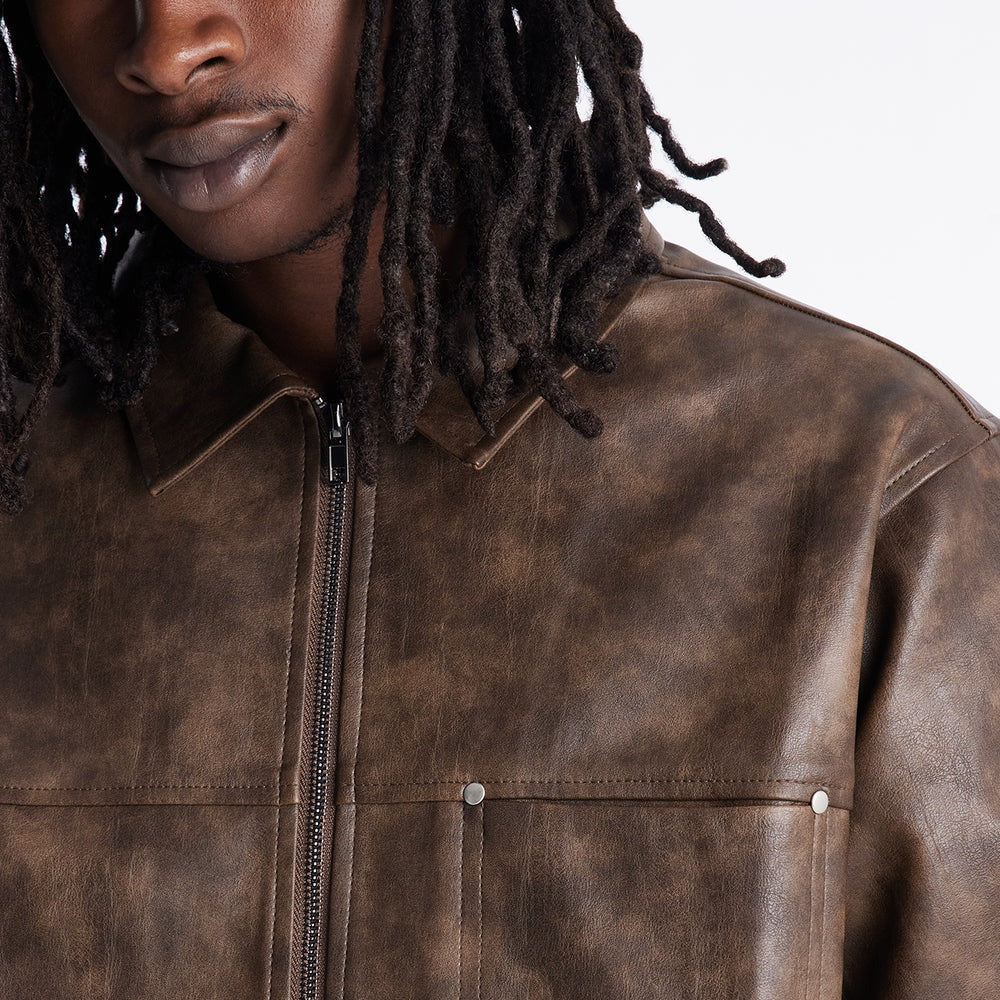 2 Stud Faux Leather Leather Zip Up Shirt
