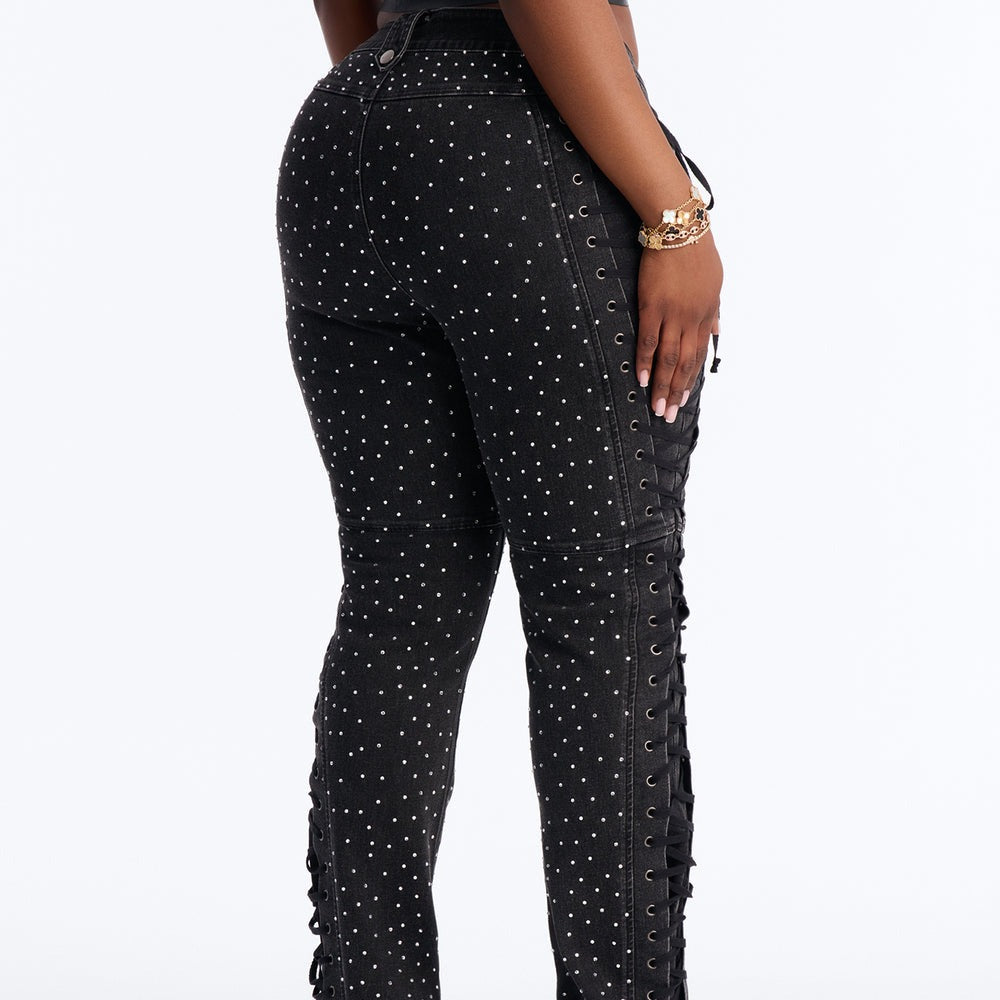 After Hours Rhinestone Lace Up Flare Pant