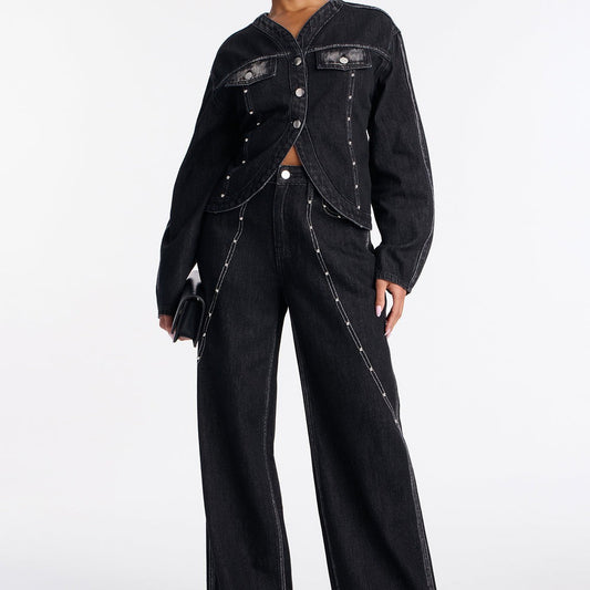 Alana Washed Studded Denim Pant Set
