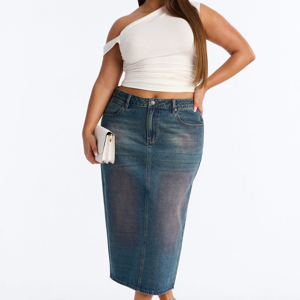 Adri Pink Tinted High Slit Denim Maxi Skirt