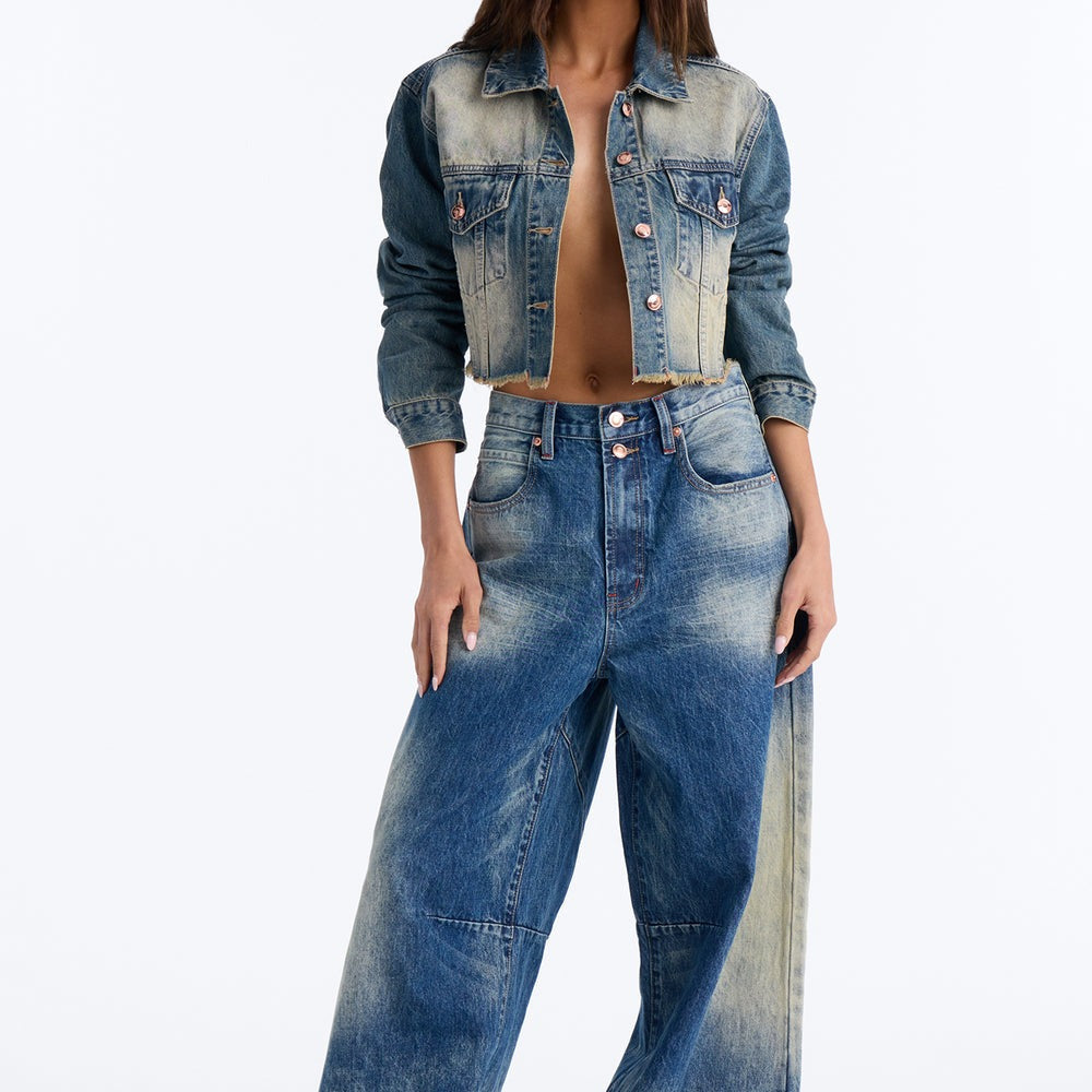 A Little Bossy Embellished Cropped Denim Jacket