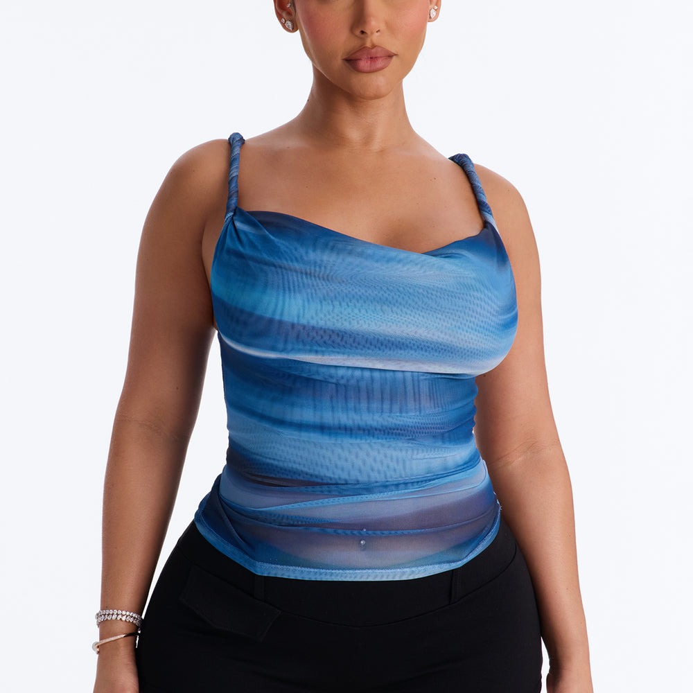 Abstract Dream Mesh Cowl Neck Twist Top