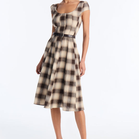 Alaina Belted Plaid Midi Dress
