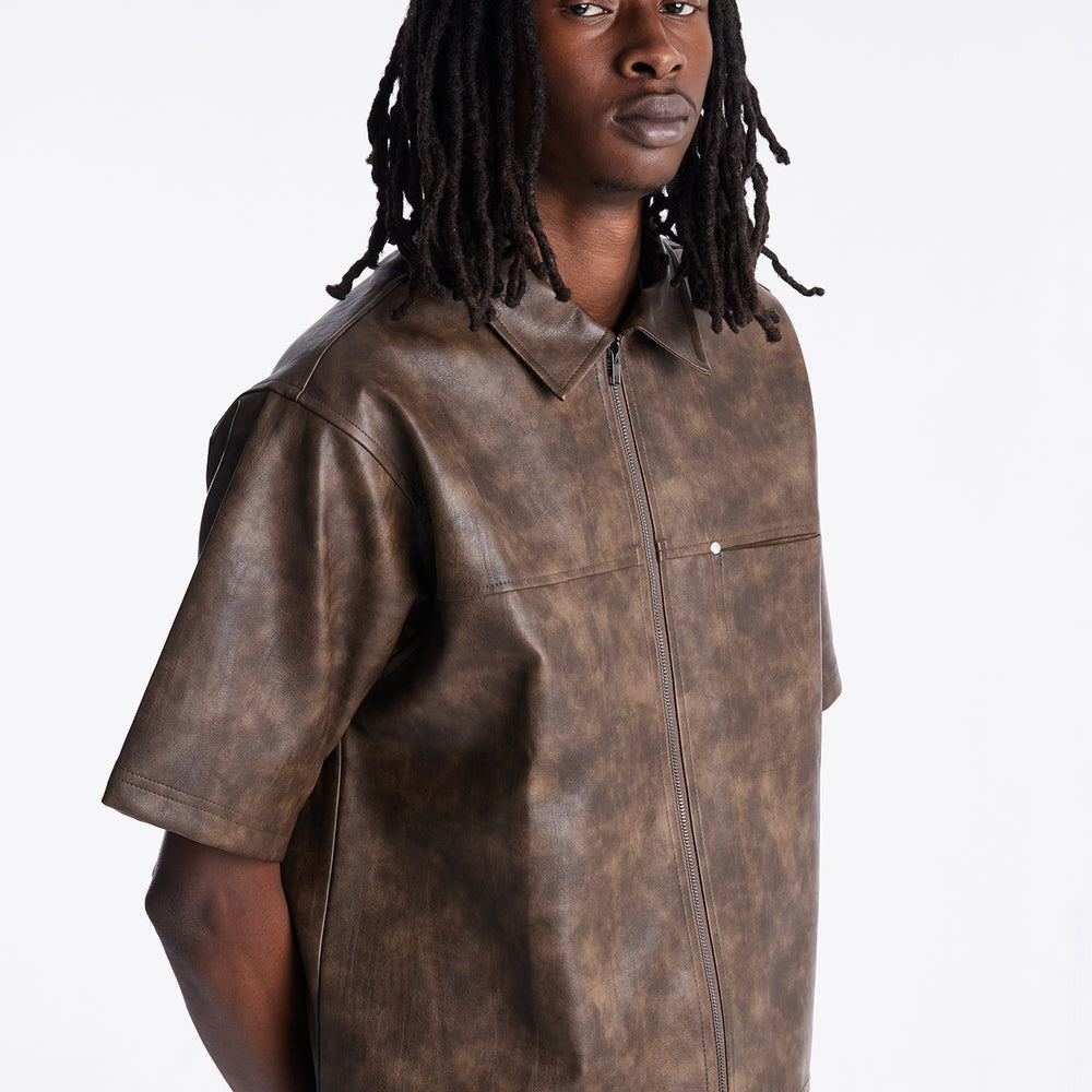 2 Stud Faux Leather Leather Zip Up Shirt