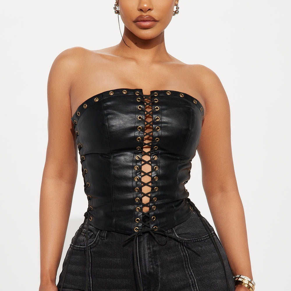 A Piece Of Work Faux Leather Lace Up Top