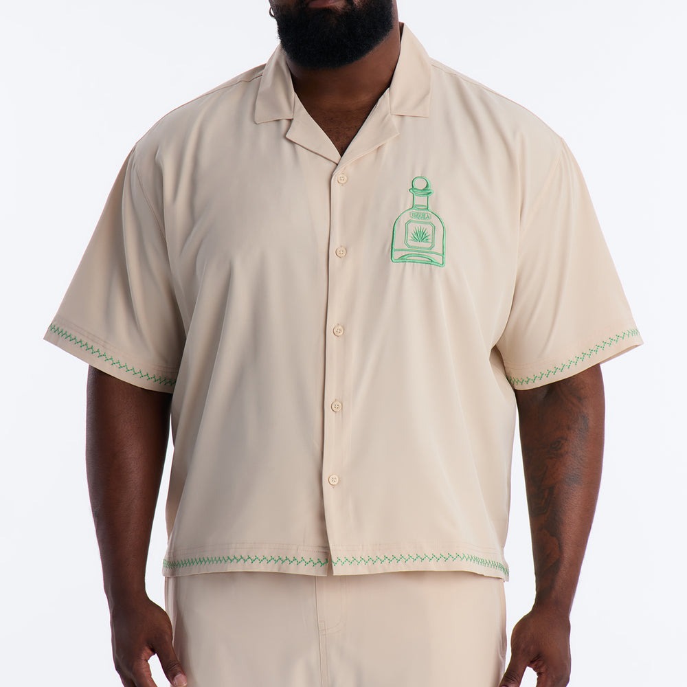 Agave Palm Embroidered Cuban Collar Button Up Shirt