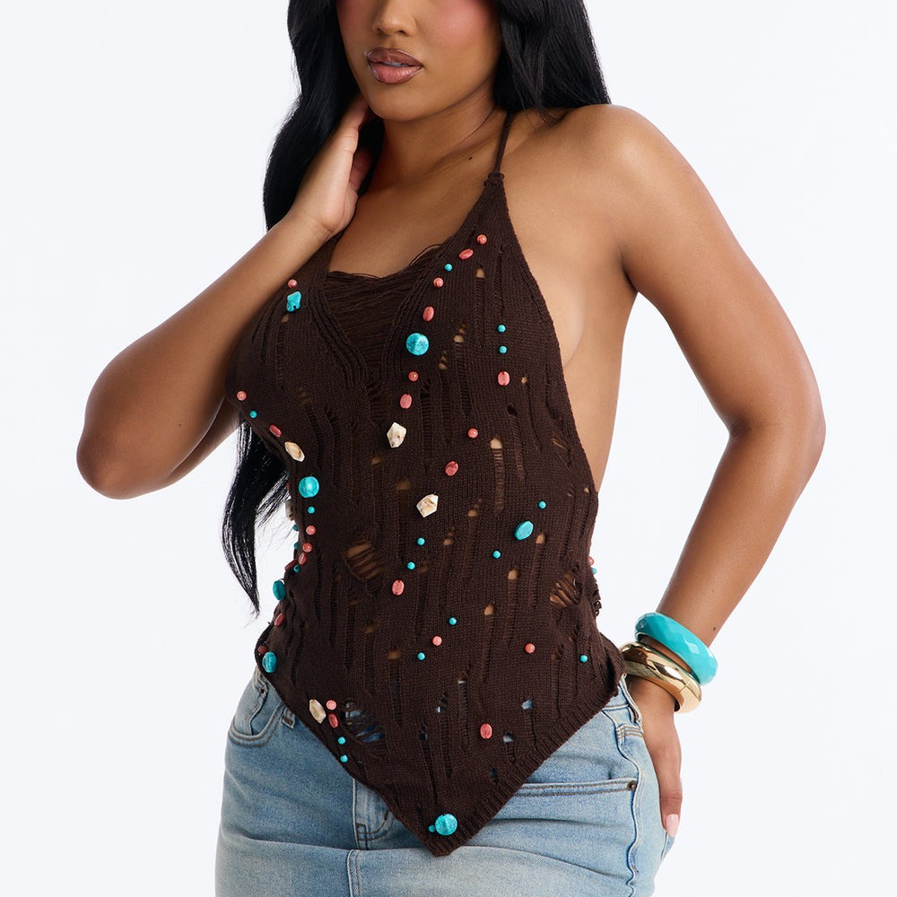 Alani Distressed Beaded Crochet Halter Top