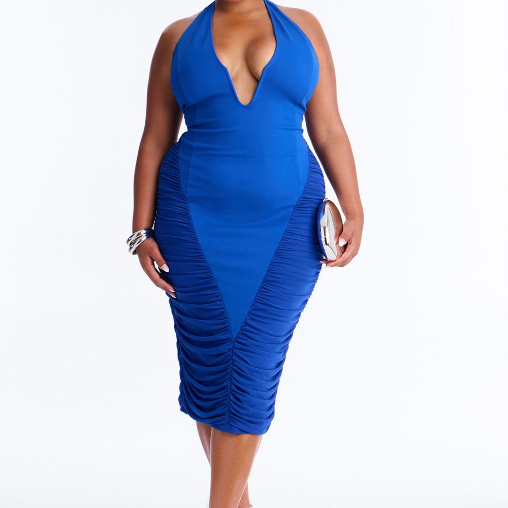 Aimee Halter Ruched Midi Dress